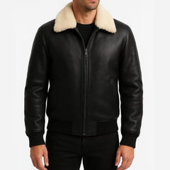 Black Leather Bomber with Shearling Collar