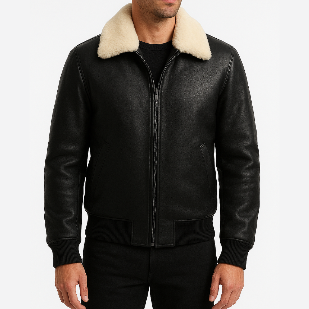Black Leather Bomber with Shearling Collar